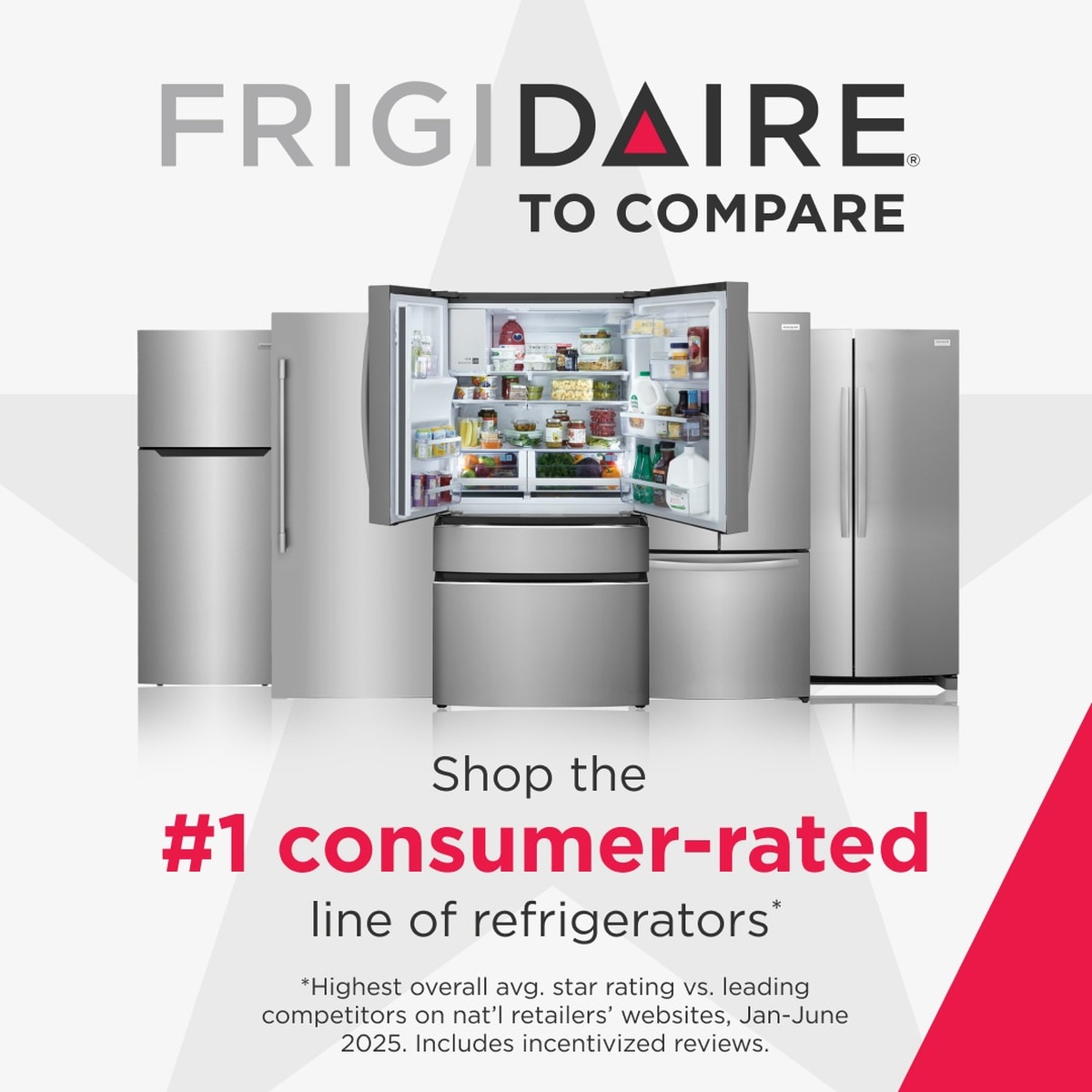 Frigidaire promotional graphic showing multiple refrigerator styles with the text 'Frigidaire to compare' and '#1 consumer-rated line of refrigerators'
