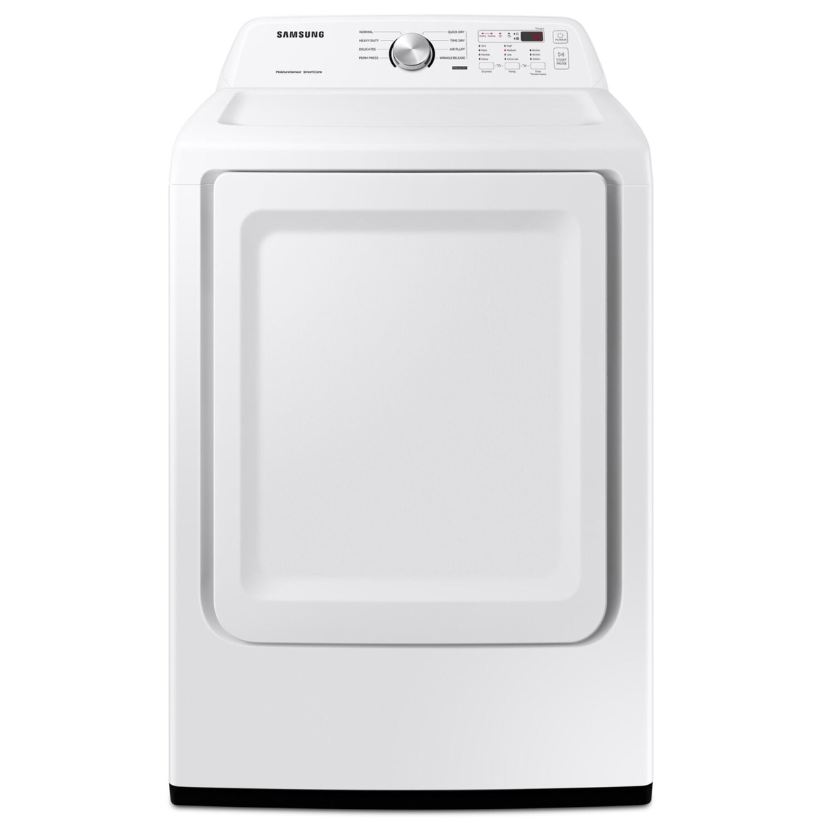 Front view of a white Samsung dryer with a top control panel featuring a central cycle knob and digital display