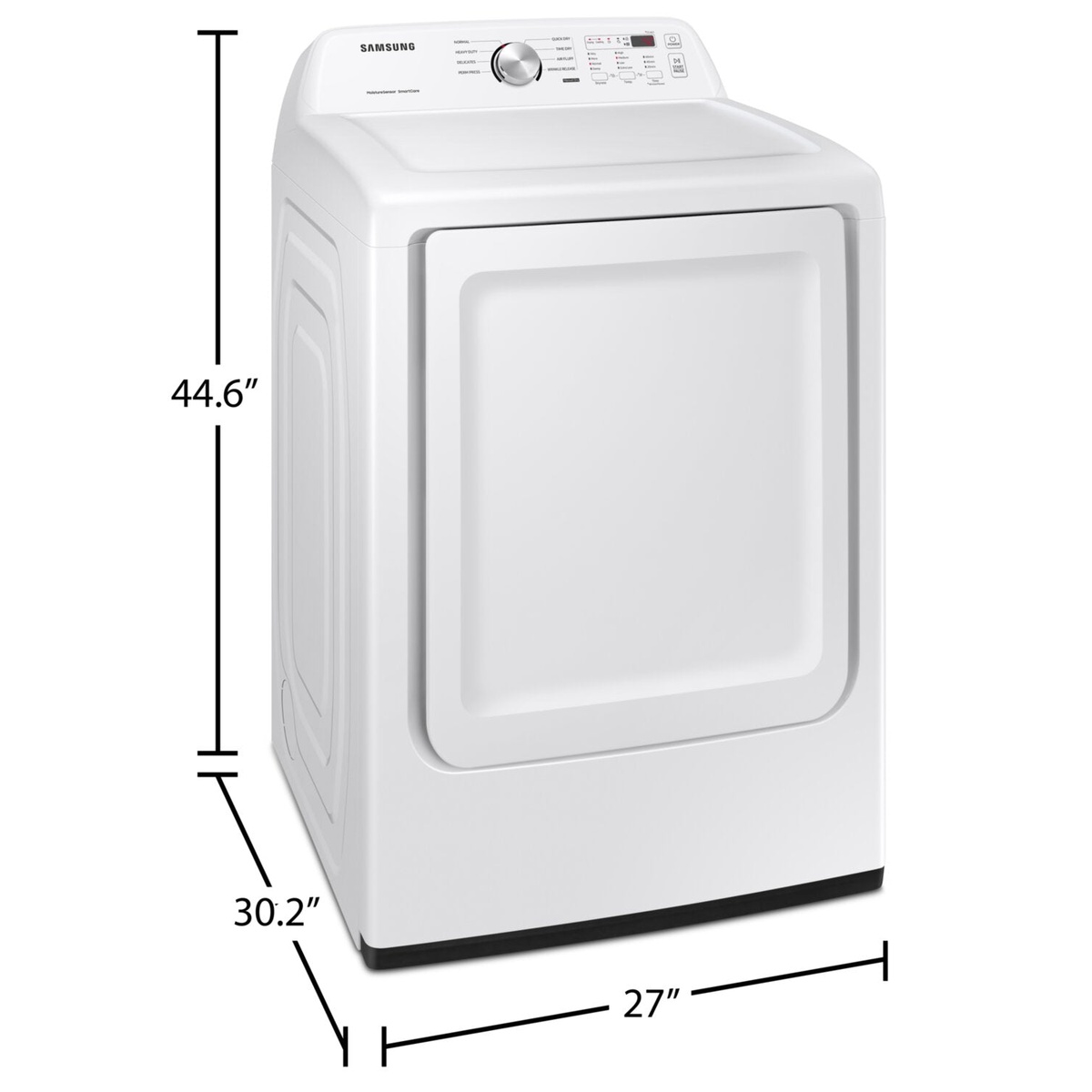 Angled view of a white Samsung electric dryer with labeled dimensions: 44.6 inches height, 30.2 inches depth, and 27 inches width