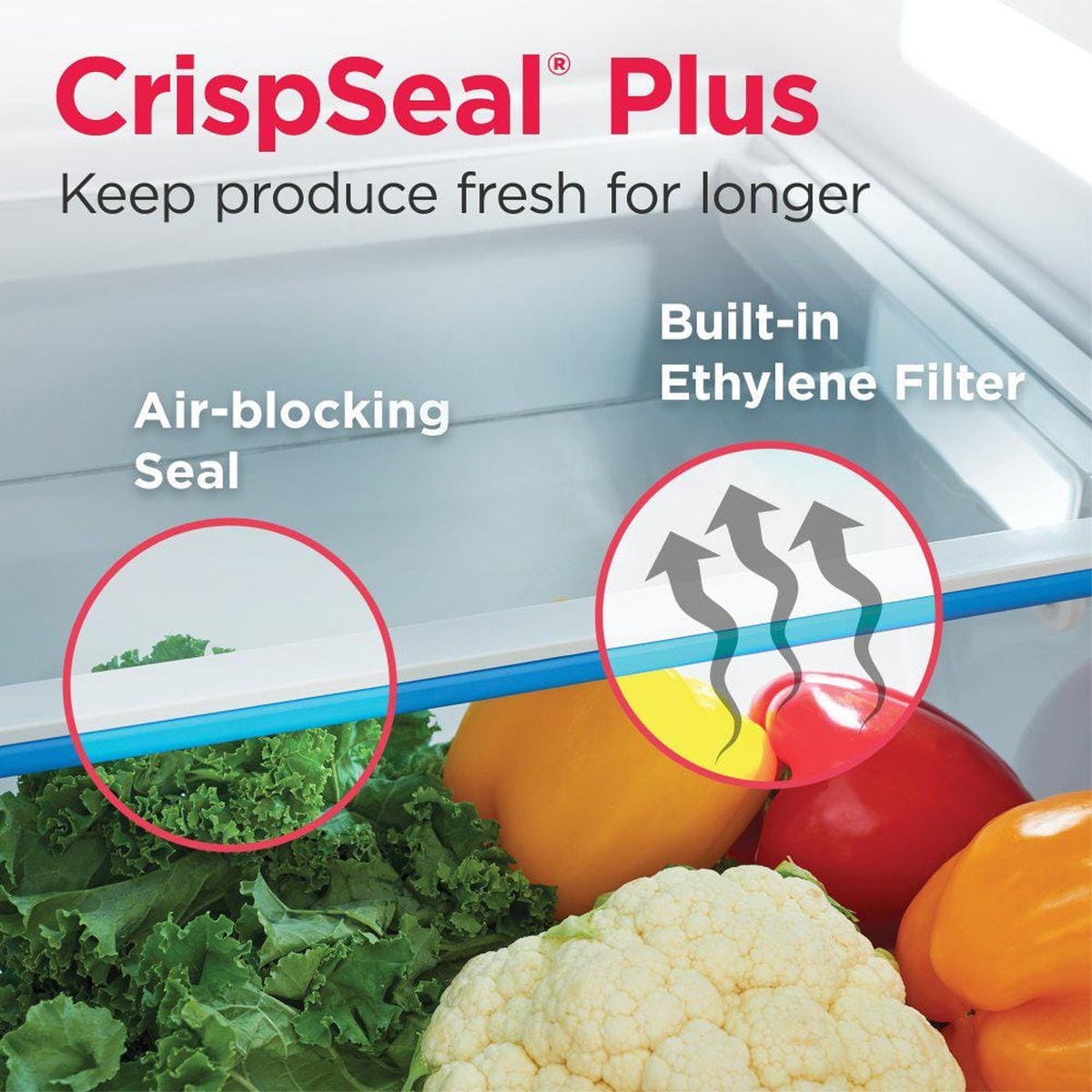 Close-up of the CrispSeal Plus produce drawer with text calling out an air-blocking seal and built-in ethylene filter