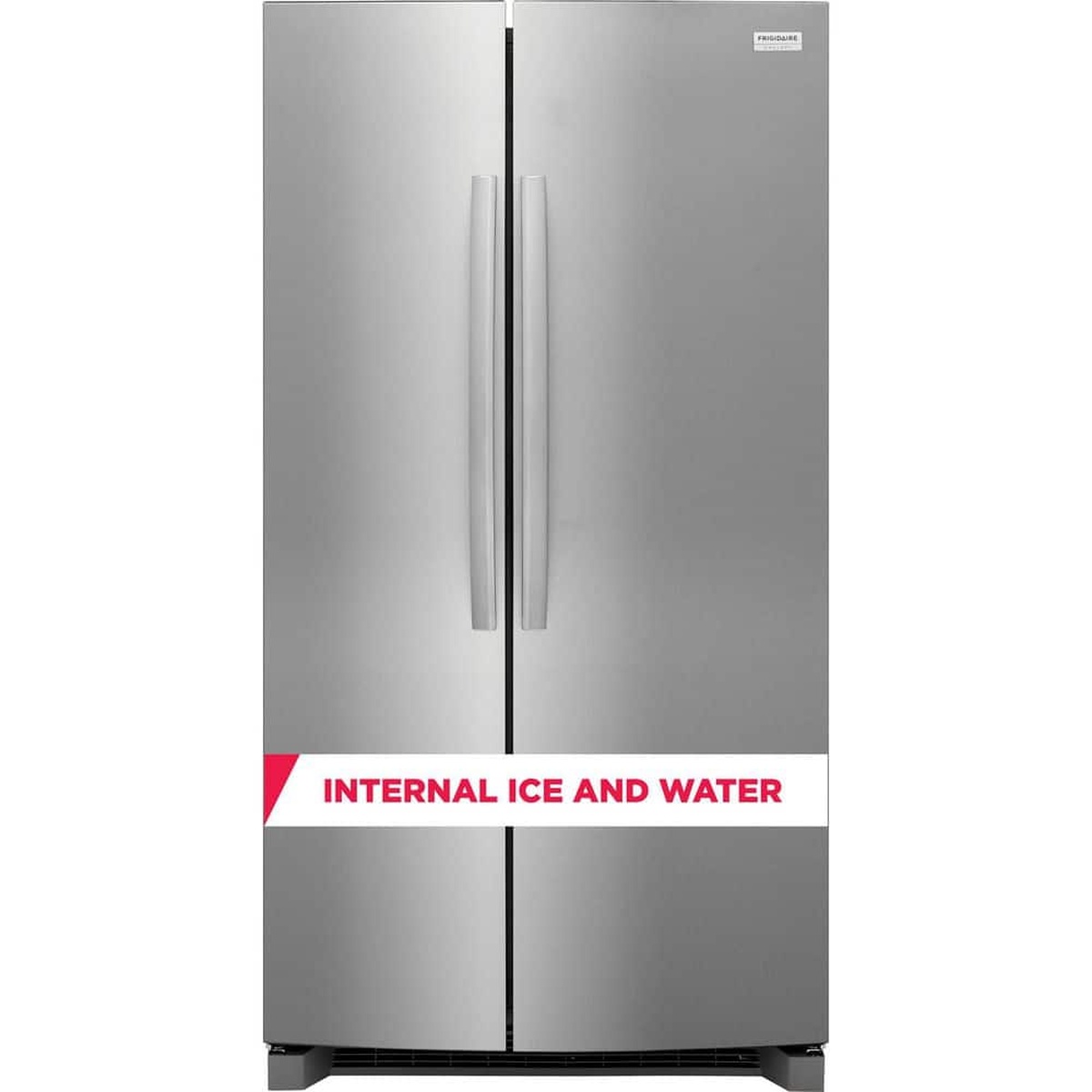 Front view of a stainless steel side-by-side refrigerator with long vertical handles and text reading 'Internal Ice and Water'