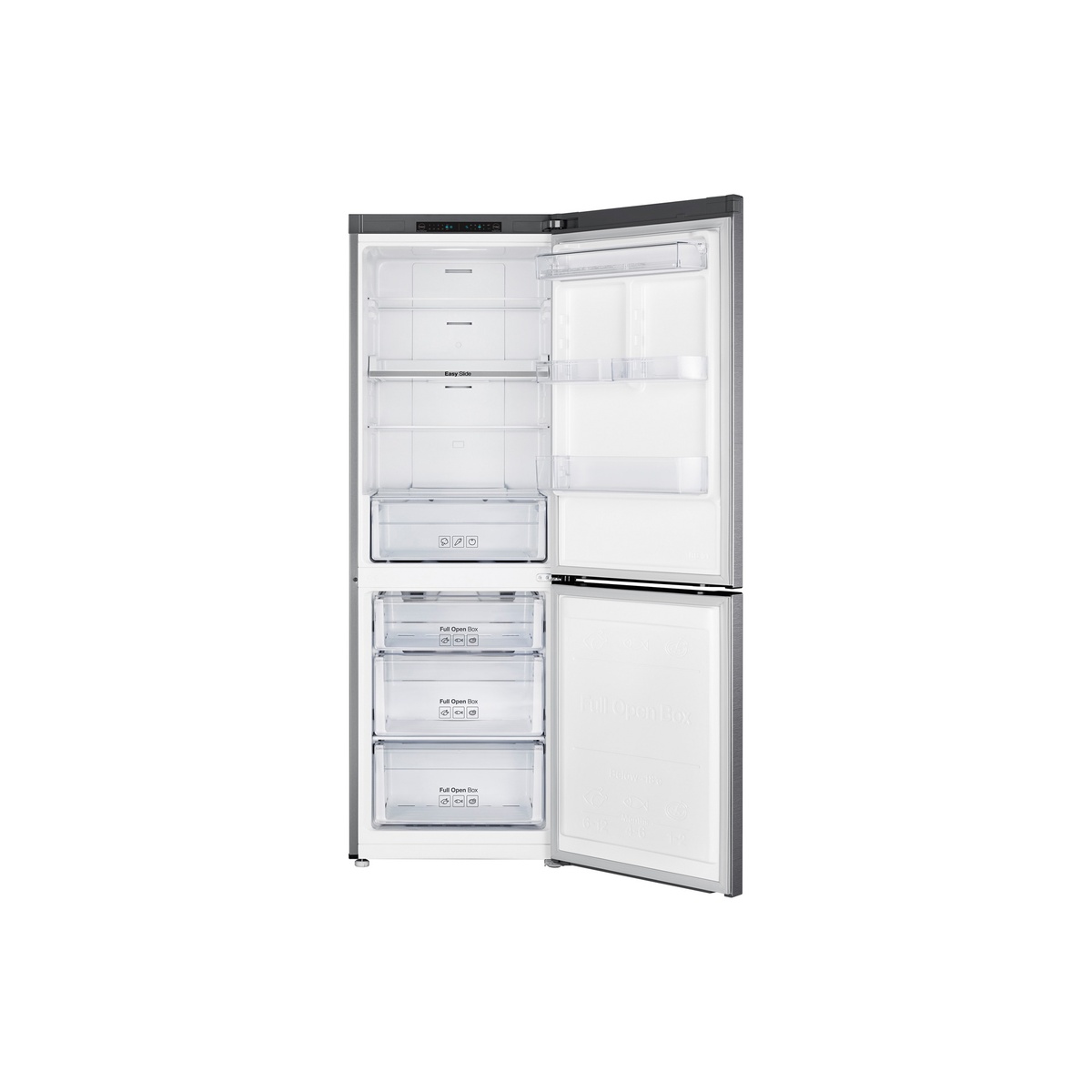 Open Samsung bottom-mount refrigerator showing interior shelves, door bins, and three clear freezer drawers