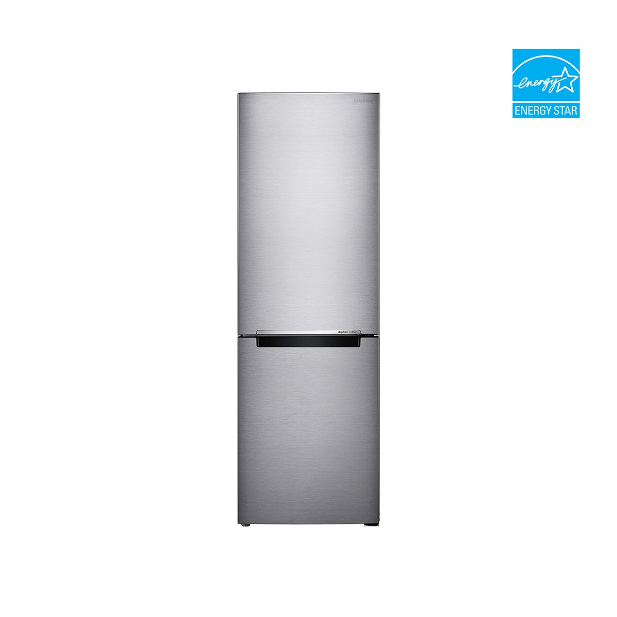 Front view of Samsung stainless bottom-mount refrigerator with an ENERGY STAR logo in the corner