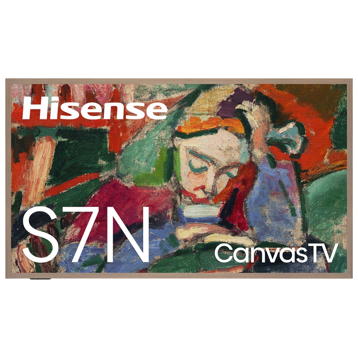 Front view of the Hisense S7N CanvasTV showing artwork on screen with Hisense and CanvasTV text
