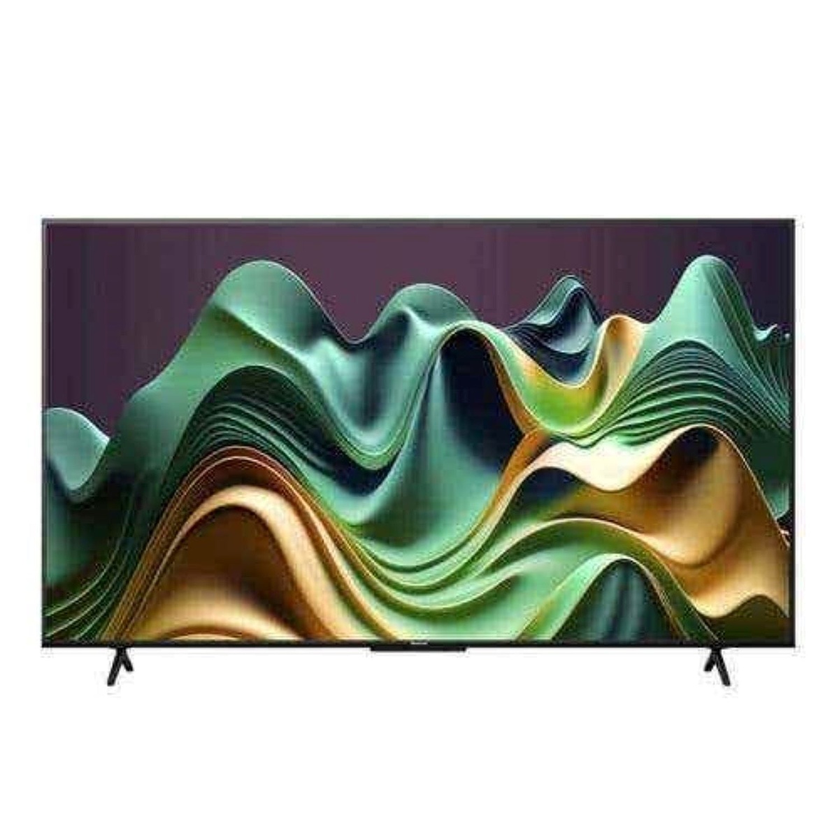 Front view of a flat-screen TV displaying abstract green and gold artwork on the screen with two feet stands
