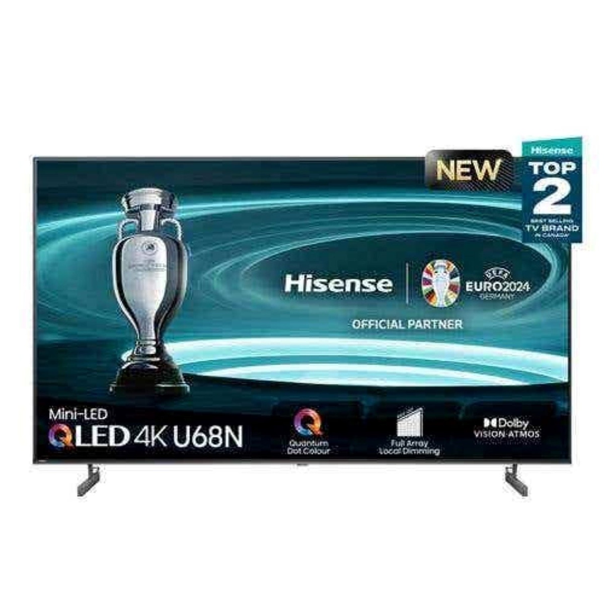 Front view of a Hisense U68N TV with on-screen branding and badges showing Mini-LED QLED 4K U68N, Quantum Dot Colour, Full Array Local Dimming, and Dolby Vision Atmos