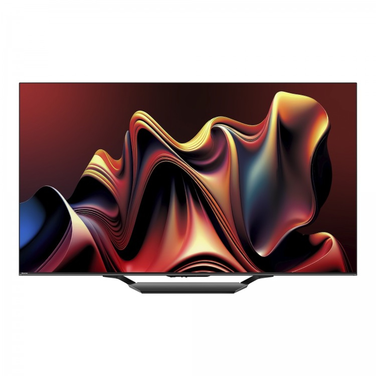 Front view of a flat-screen TV on a central stand displaying abstract colourful artwork