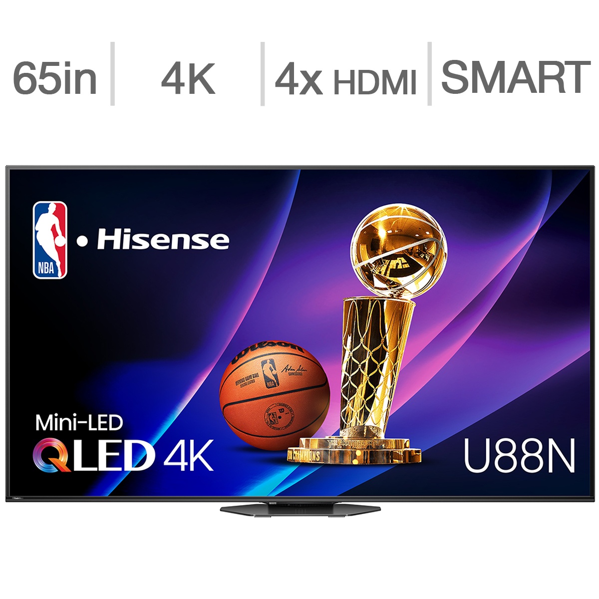 Front view of Hisense U88N TV with on-screen callouts for 65 inch, 4K, 4 HDMI, and Smart, plus Mini-LED QLED branding