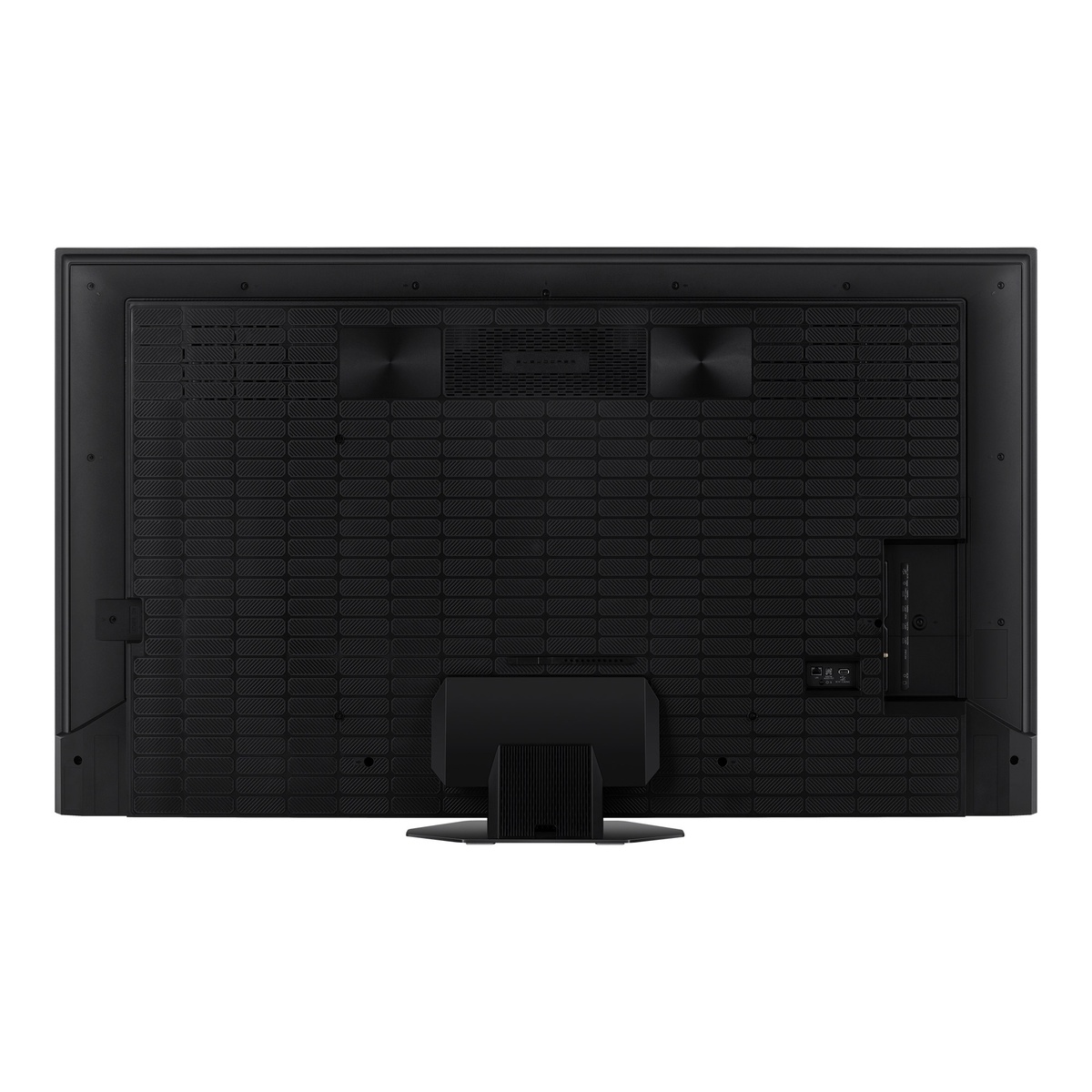 Rear view of the Hisense television showing the textured back panel, central stand mount, and side input area