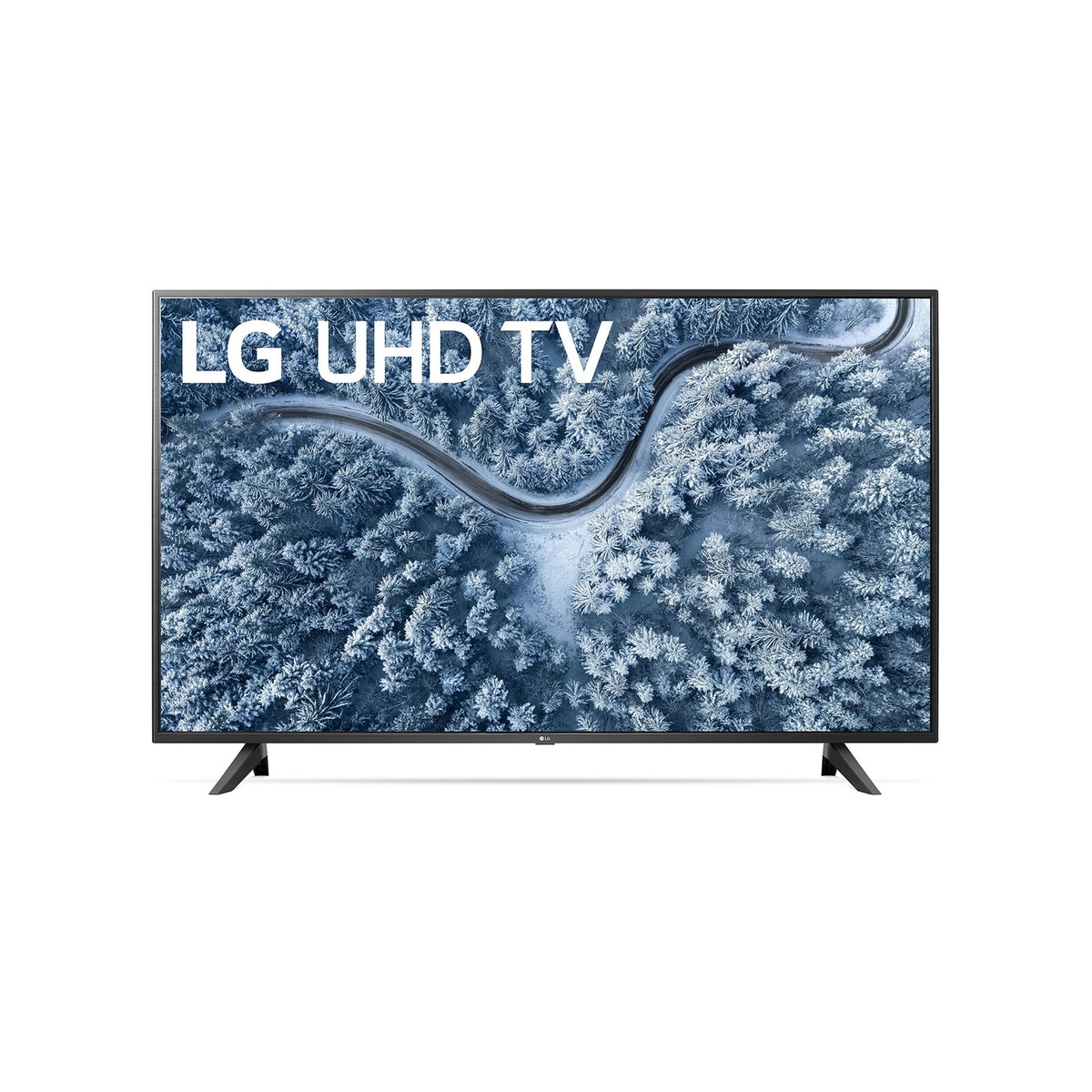 Front view of an LG UHD TV with a thin black bezel and two feet-style legs