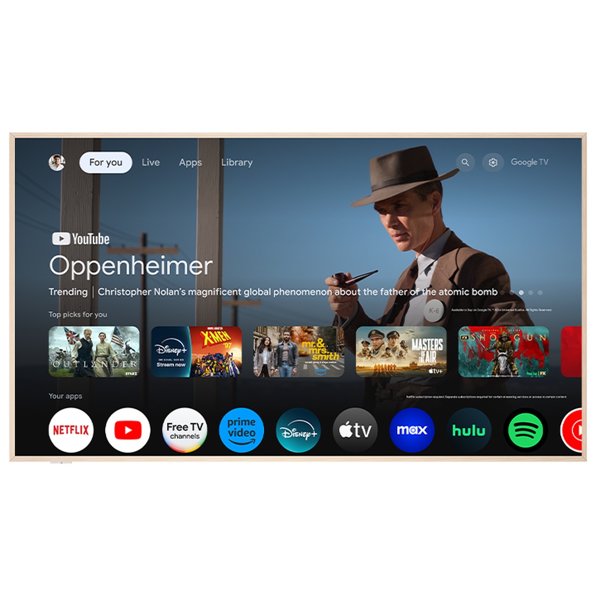 Front view of the TCL NXTVISION TV displaying the Google TV home screen with streaming app icons