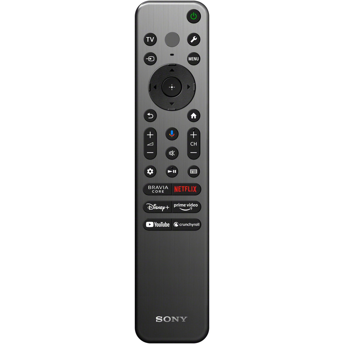 Sony voice remote control with navigation pad, microphone button, and streaming service shortcut buttons