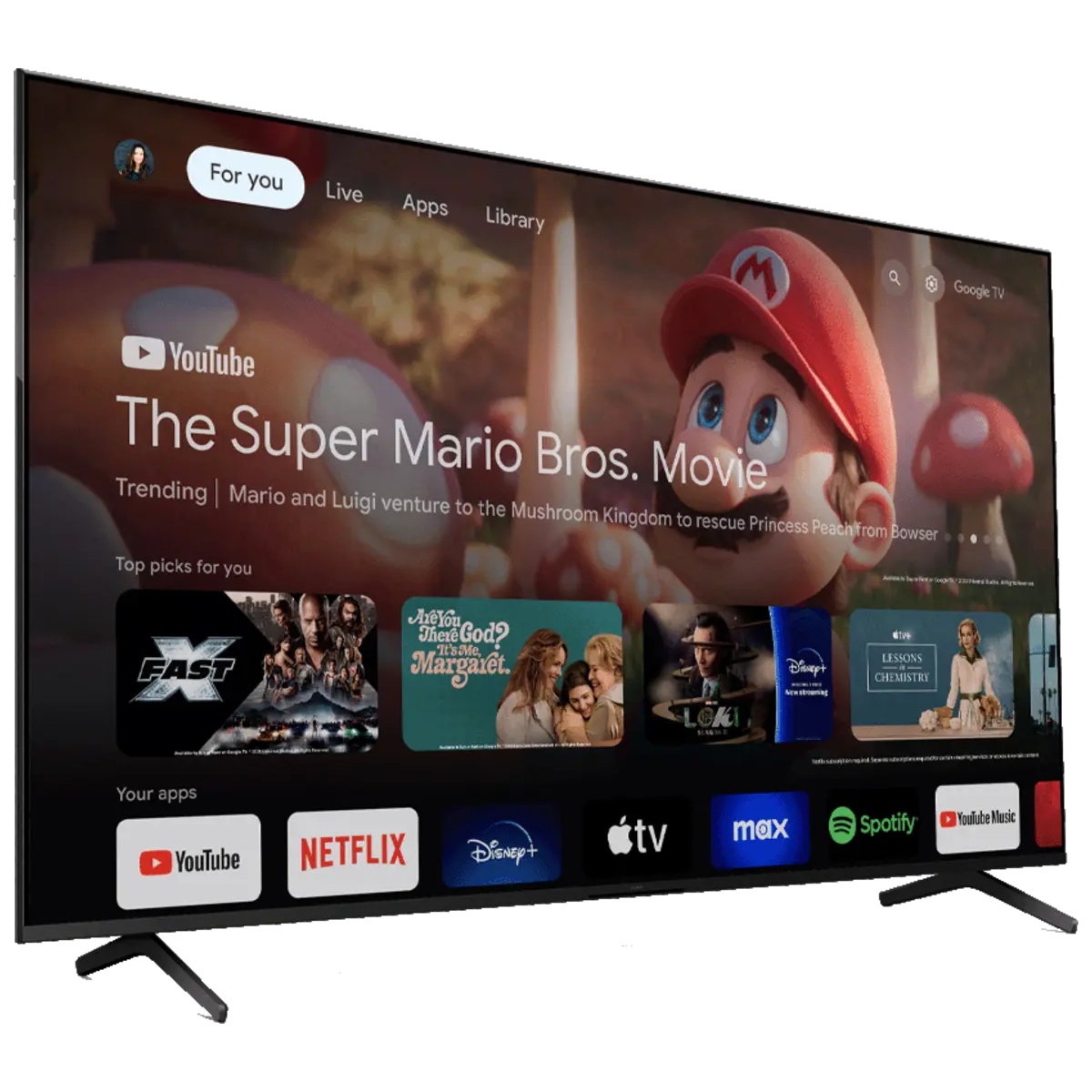Sony BRAVIA 3 TV showing the Google TV home screen with rows of streaming apps and recommendations