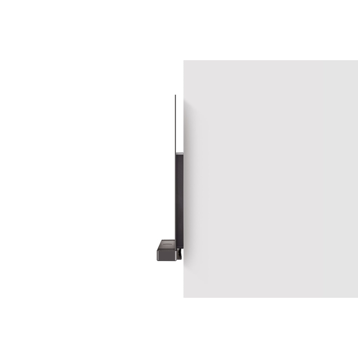 Side profile of an LG TV showing a very thin panel and the stand mount