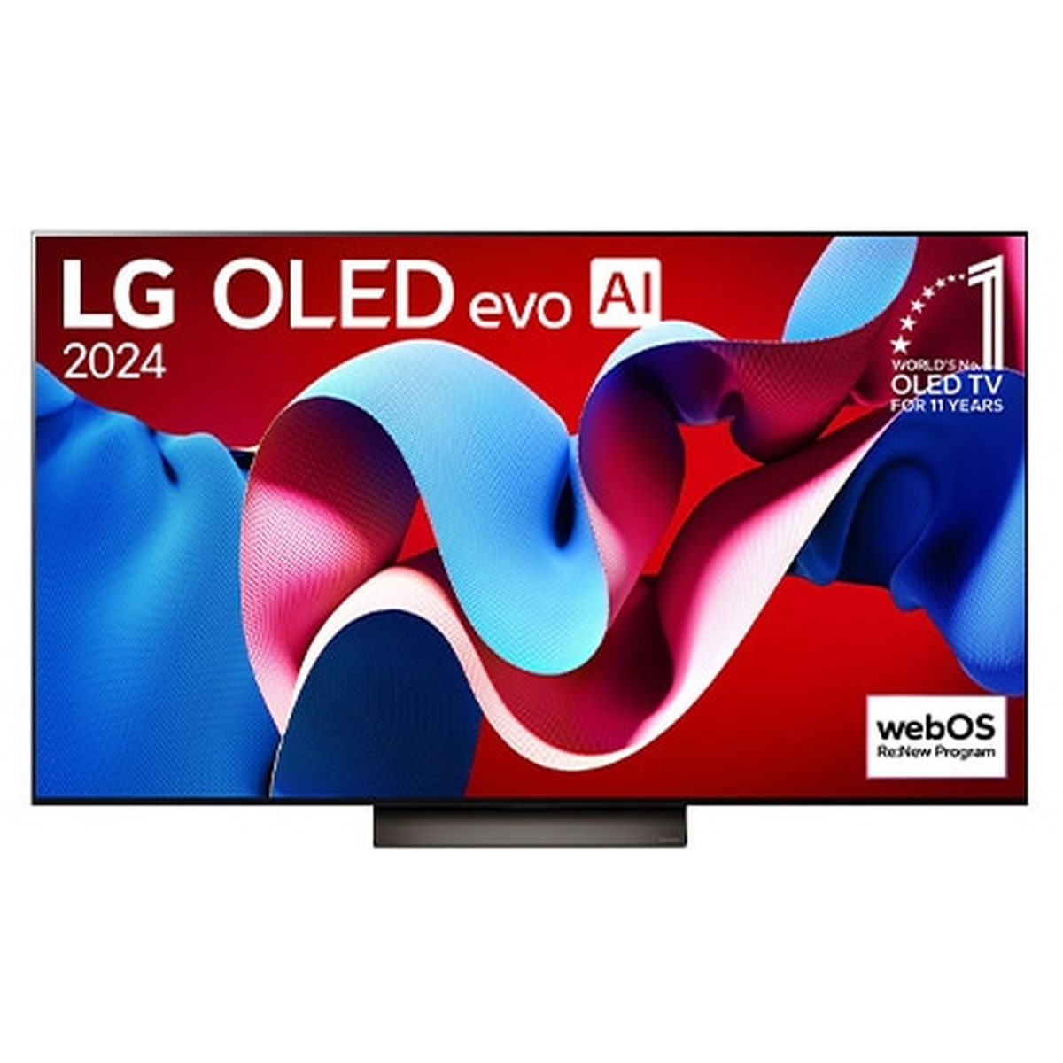 Front view of an LG OLED evo AI 2024 TV with webOS Re:New Program badge on screen