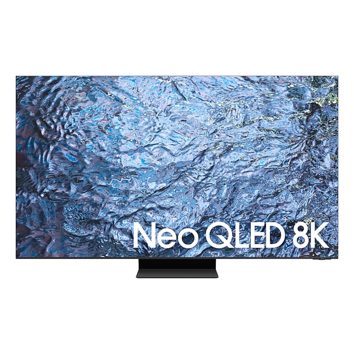 Front view of a Samsung TV showing the words 'Neo QLED 8K' on the screen