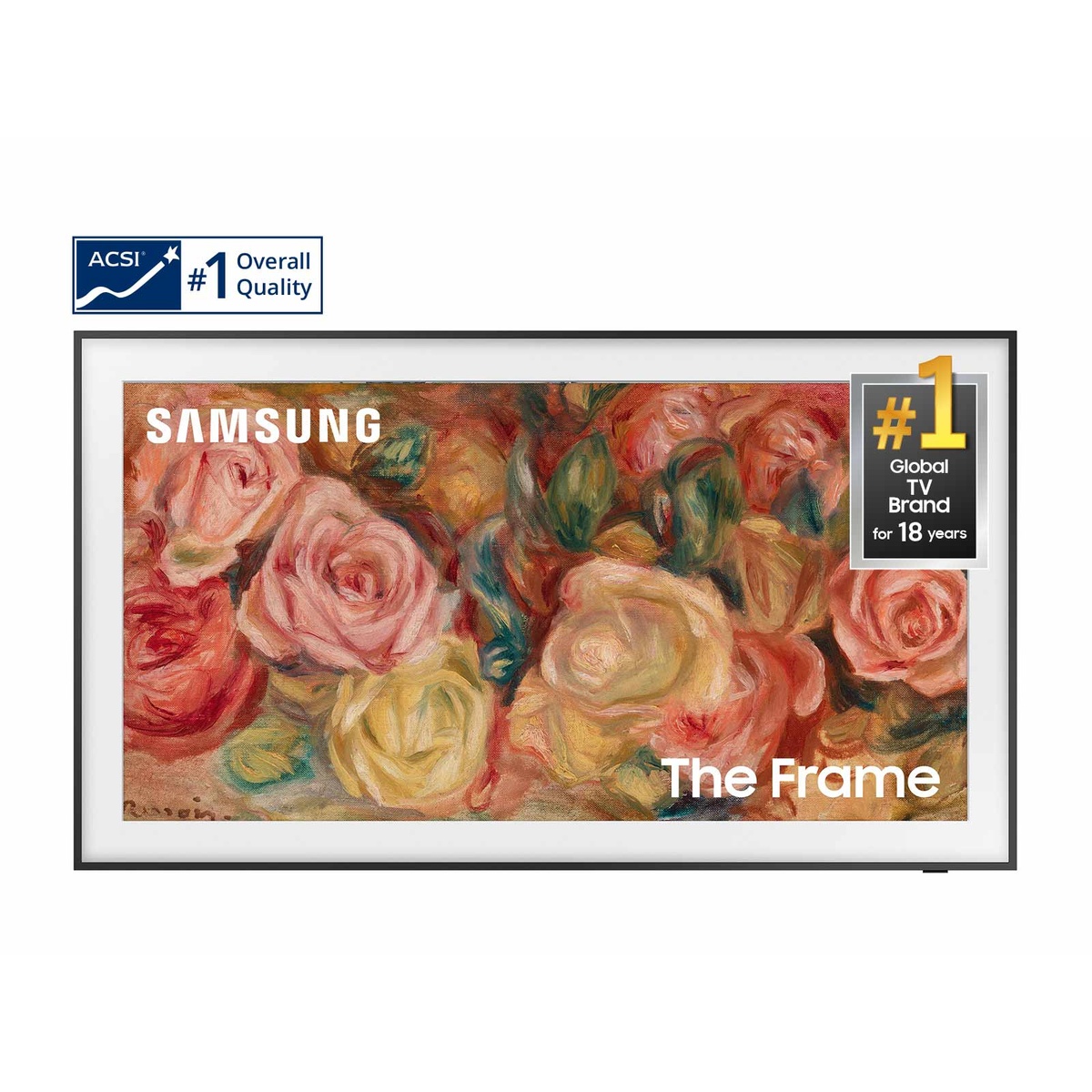 Samsung The Frame TV showing a floral painting on-screen with a thin picture-frame style bezel