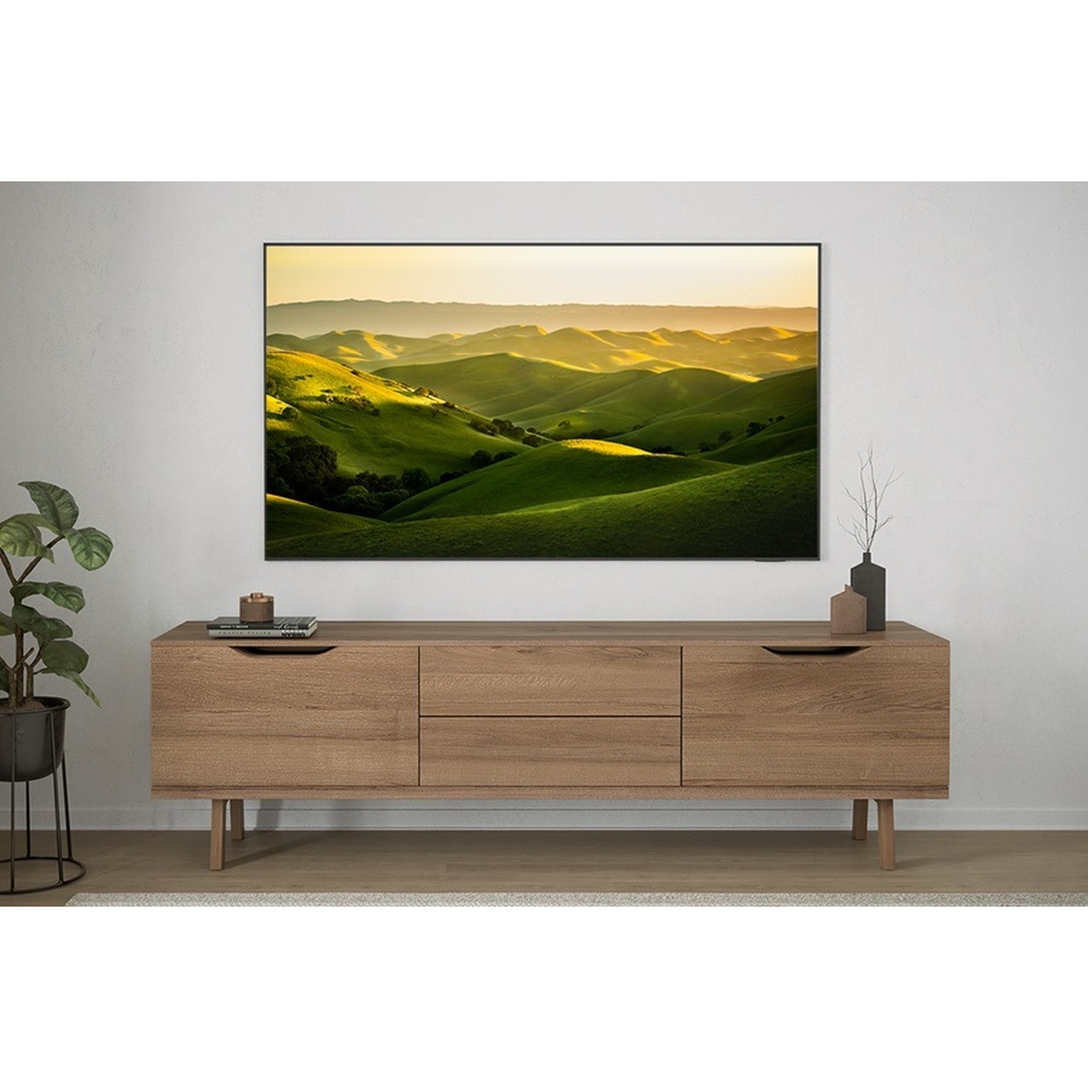 Wall-mounted flat-screen TV above a wood media console in a living room