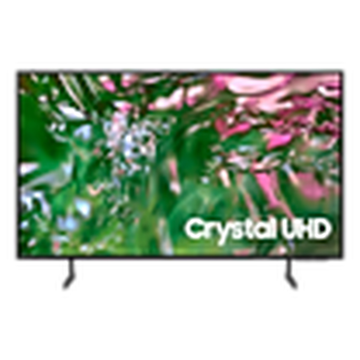 Front view of a Samsung Crystal UHD TV with flat feet stand and slim black bezel