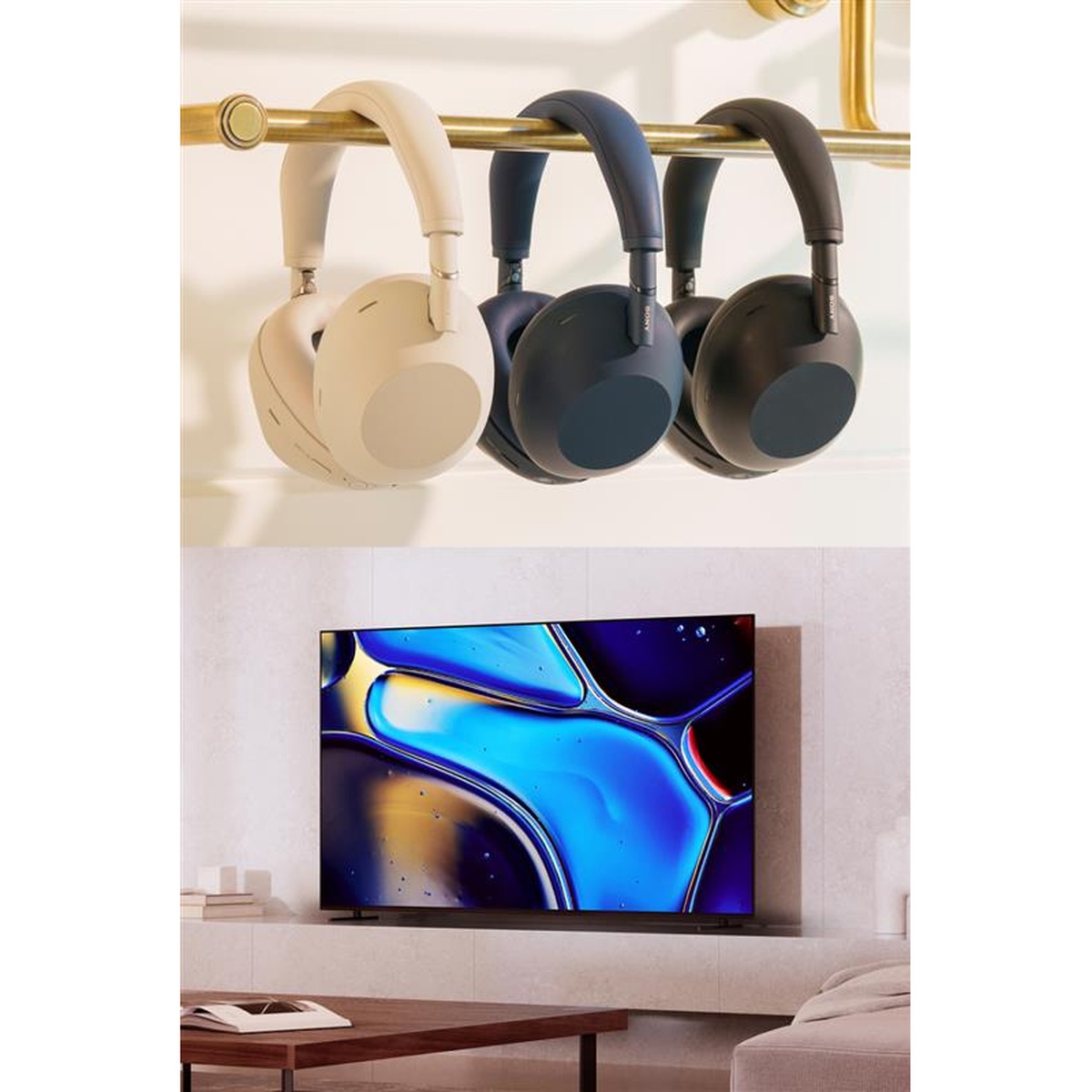 Sony flat-screen TV set up on a low media console in a bright modern living room