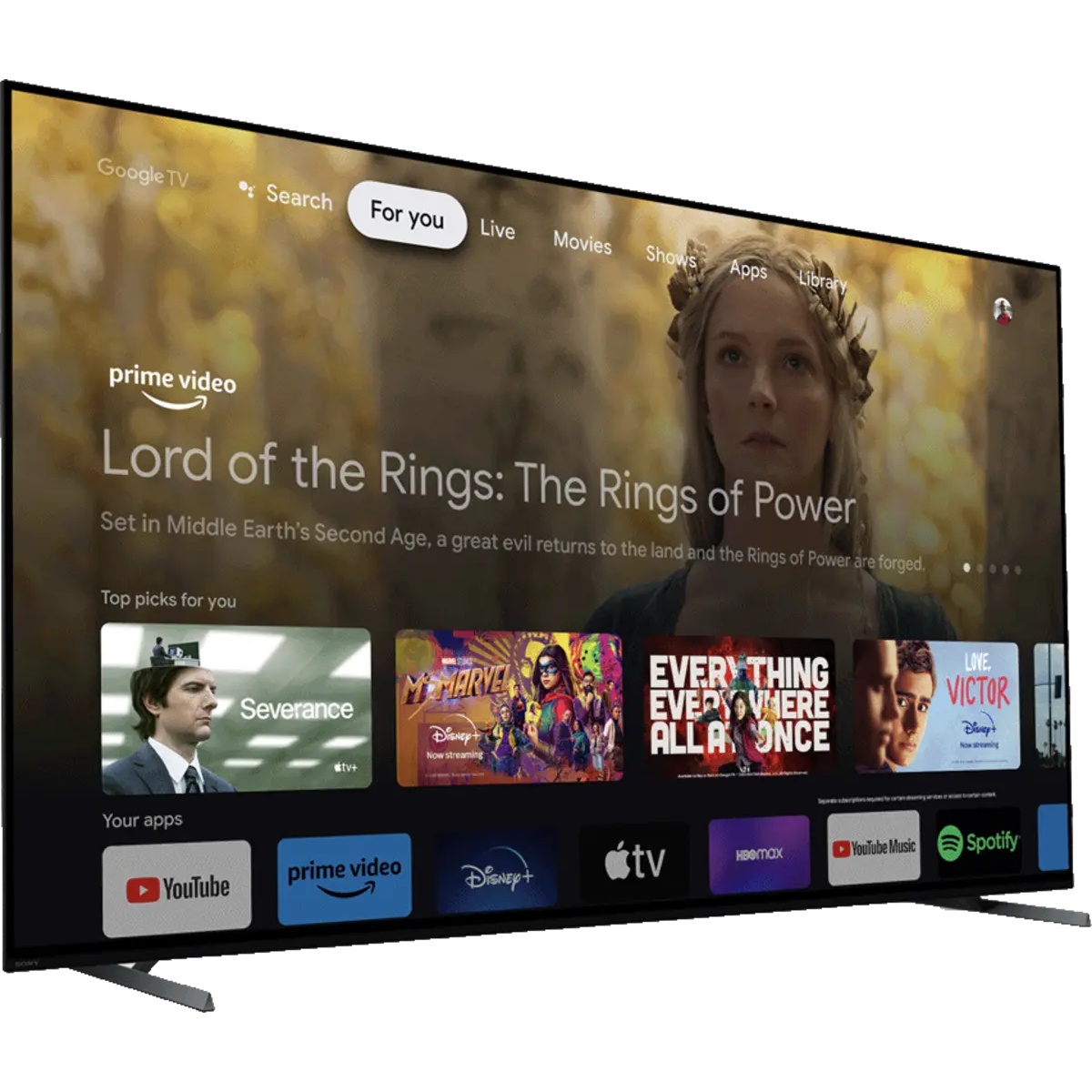 Sony TV displaying the Google TV home screen with rows of app tiles and recommendations