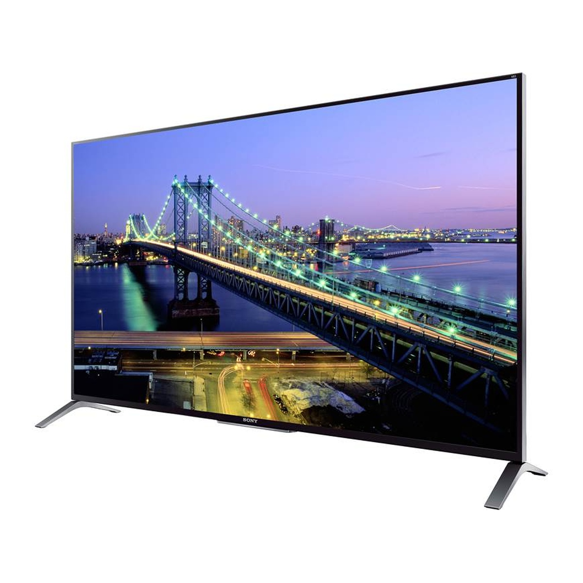 Angled view of a Sony flat-screen TV with a thin bezel and two metal feet