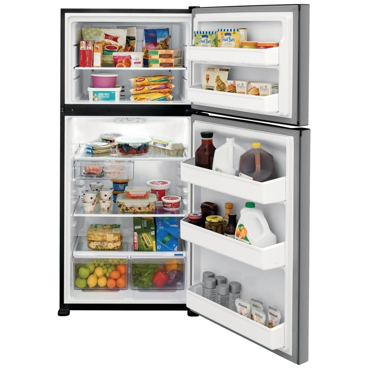 Open Frigidaire top-freezer refrigerator stocked with food, showing glass shelves, door bins, deli drawer, and two clear crisper drawers