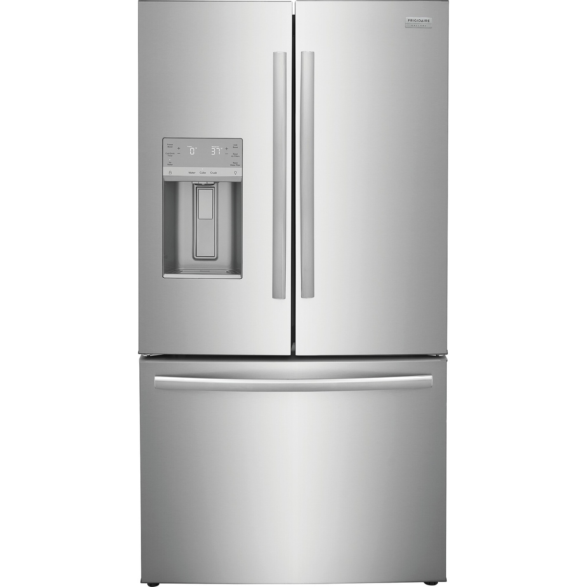 Front view of a stainless Frigidaire French door refrigerator with an external water and ice dispenser and digital controls