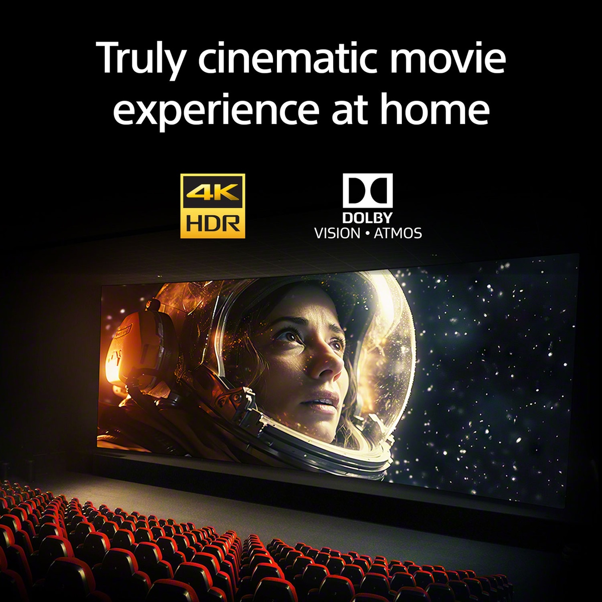 Promotional graphic showing a TV in a theater setting with 4K HDR and Dolby Vision and Dolby Atmos logos