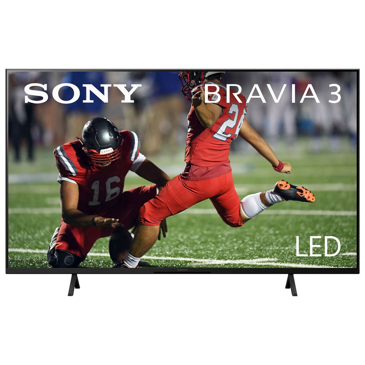 Front view of a Sony BRAVIA 3 LED TV with tabletop feet and thin black bezel
