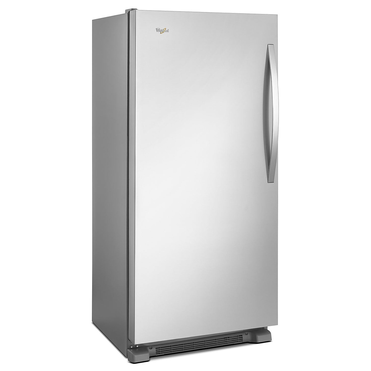 Angled exterior view of a Whirlpool SideKicks upright all-freezer with a flat stainless-look door and long vertical handle