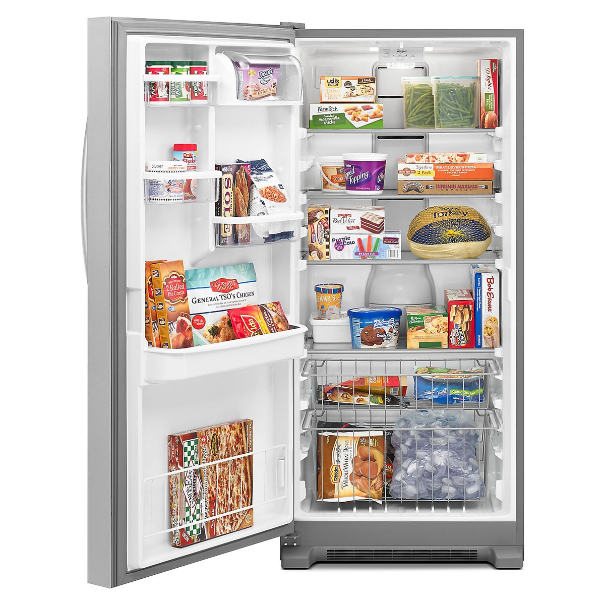 Open Whirlpool upright freezer stocked with food, showing multiple wire shelves, two pull-out wire baskets, and door bins
