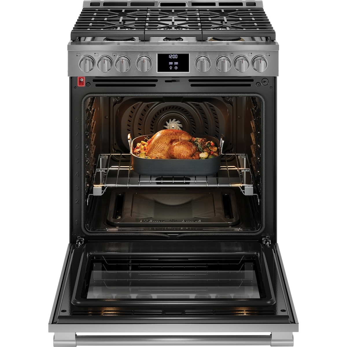Open oven on a Frigidaire Professional front-control gas range with a roasting pan on the rack