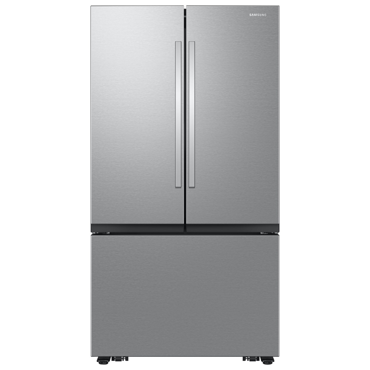 Front view of a Samsung stainless steel French door refrigerator with bottom freezer drawer and long vertical handles