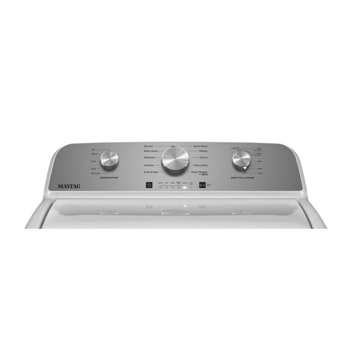 Close-up of the Maytag washer control panel with three knobs for temperature, cycle selection, and deep fill and rinse settings.