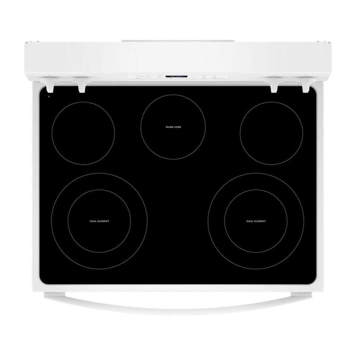Top view of the black glass cooktop showing two dual elements and a warm zone