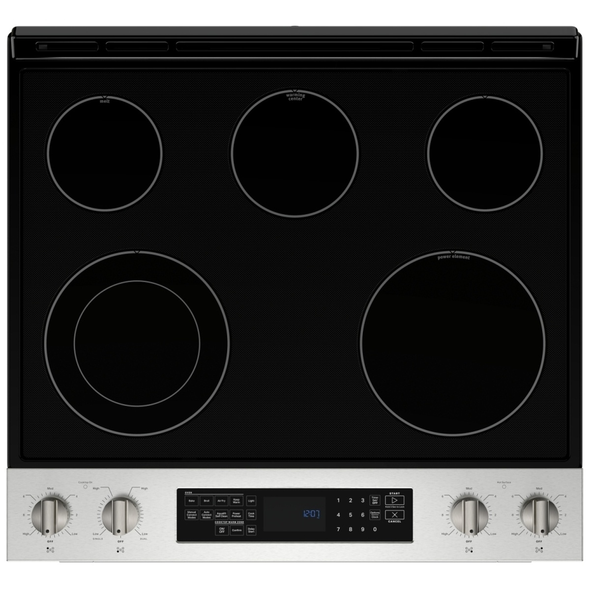 Top view of the black glass radiant cooktop with five heating zones and a front control panel with four knobs and a digital display