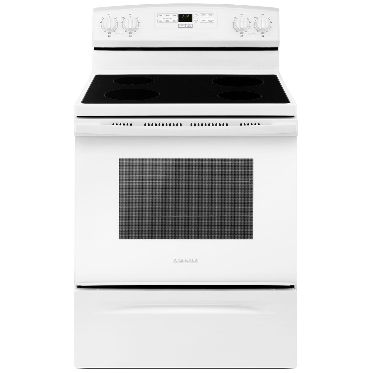 Front view of a white Amana freestanding electric range with a smooth black cooktop and back control panel