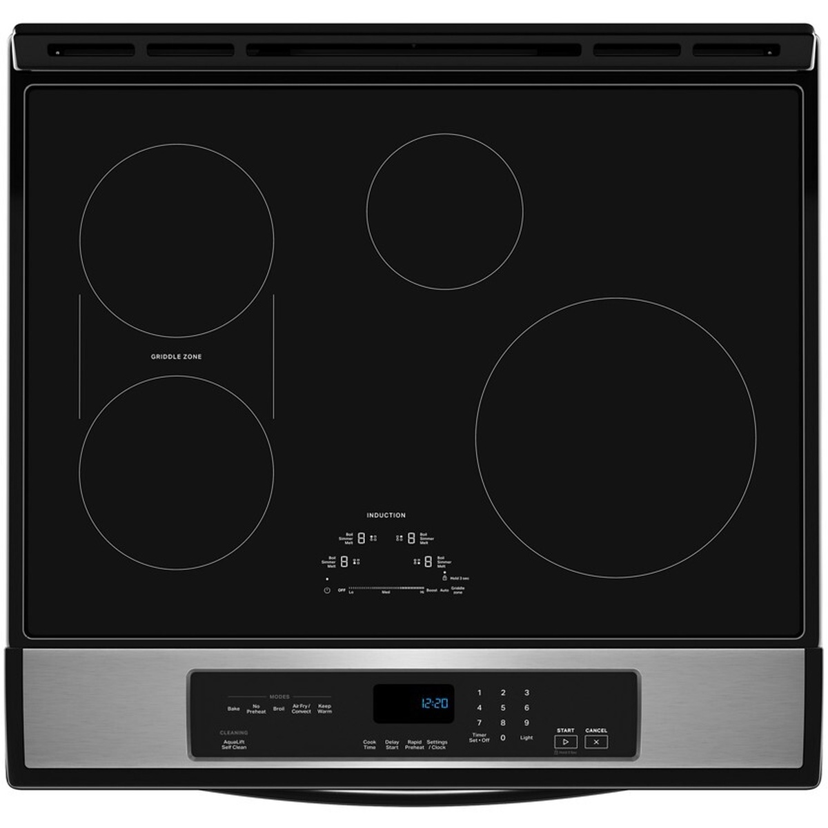 Top-down view of the black glass induction cooktop showing four cooking zones, a labeled Griddle Zone, and the front touch control panel
