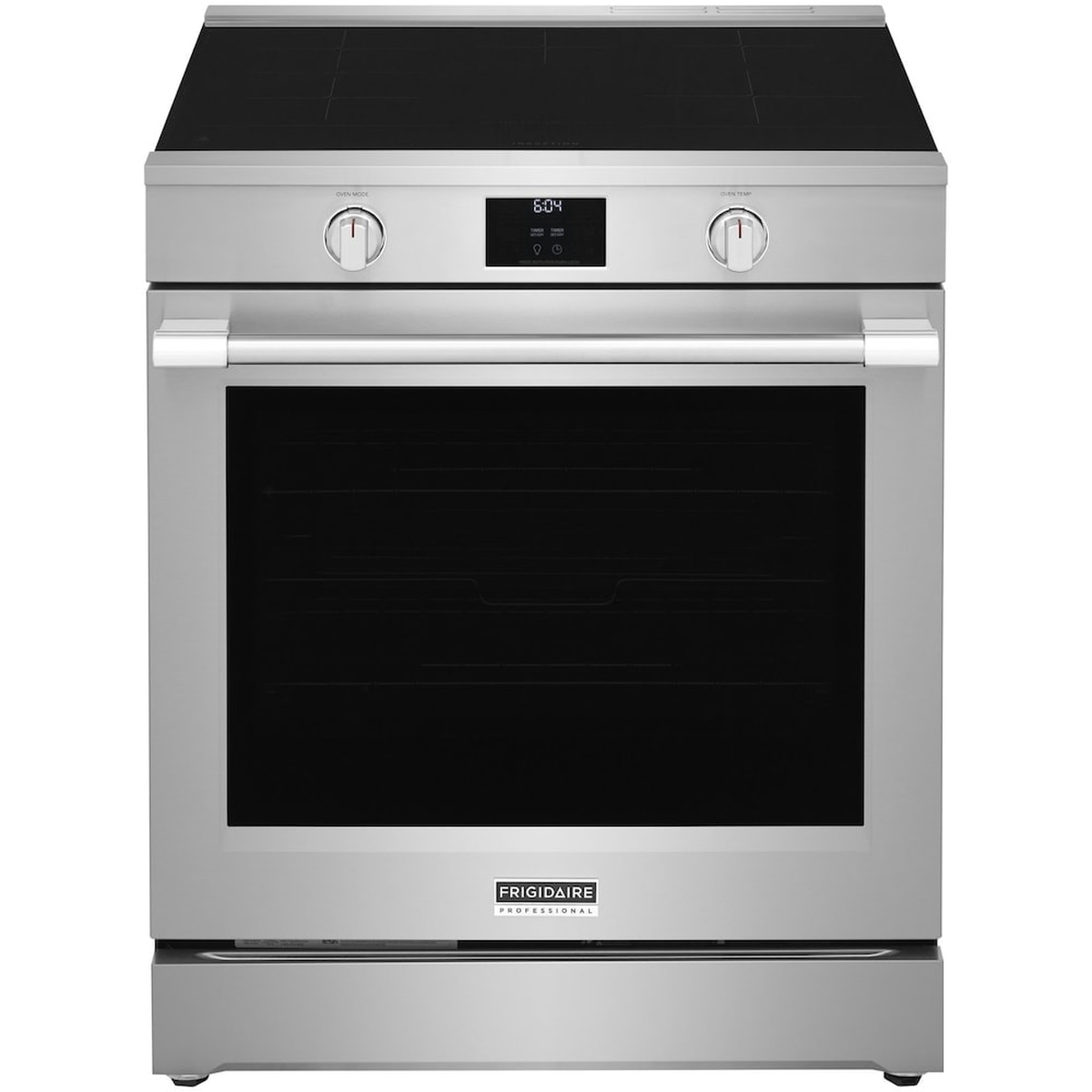 Front view of a Frigidaire Professional slide-in range with a black glass cooktop, two front knobs, and a centered digital display