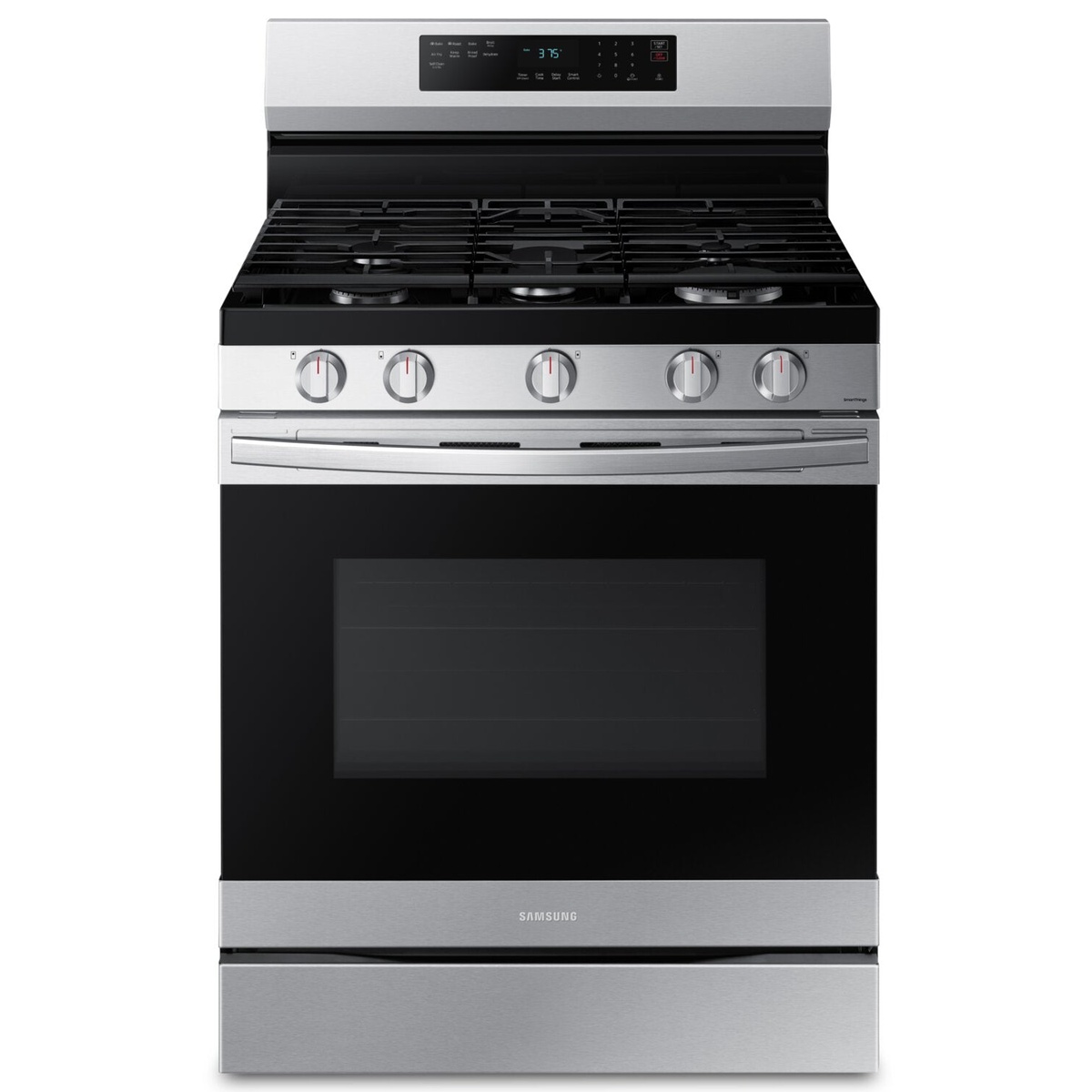 Front view of a stainless steel Samsung freestanding gas range with five control knobs and full-width cooktop grates