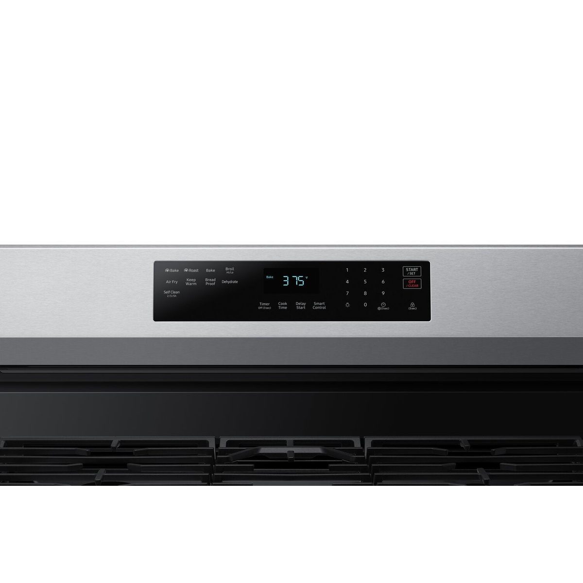 Close-up of the Samsung range control panel with digital display and touch buttons