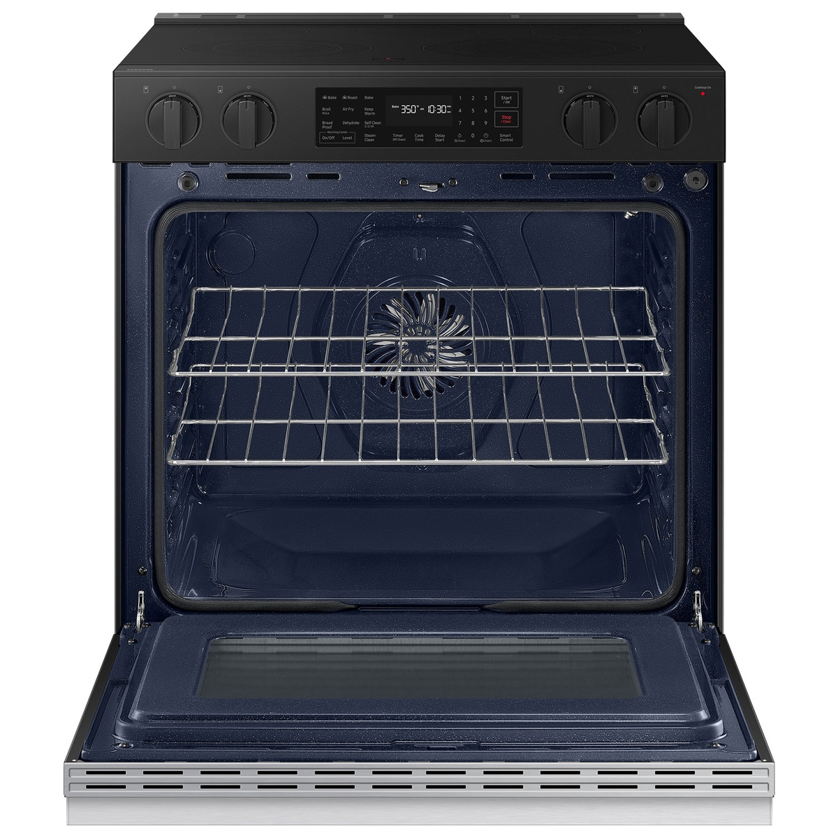 Oven interior of the Samsung slide-in electric range with two racks and a rear convection fan cover.