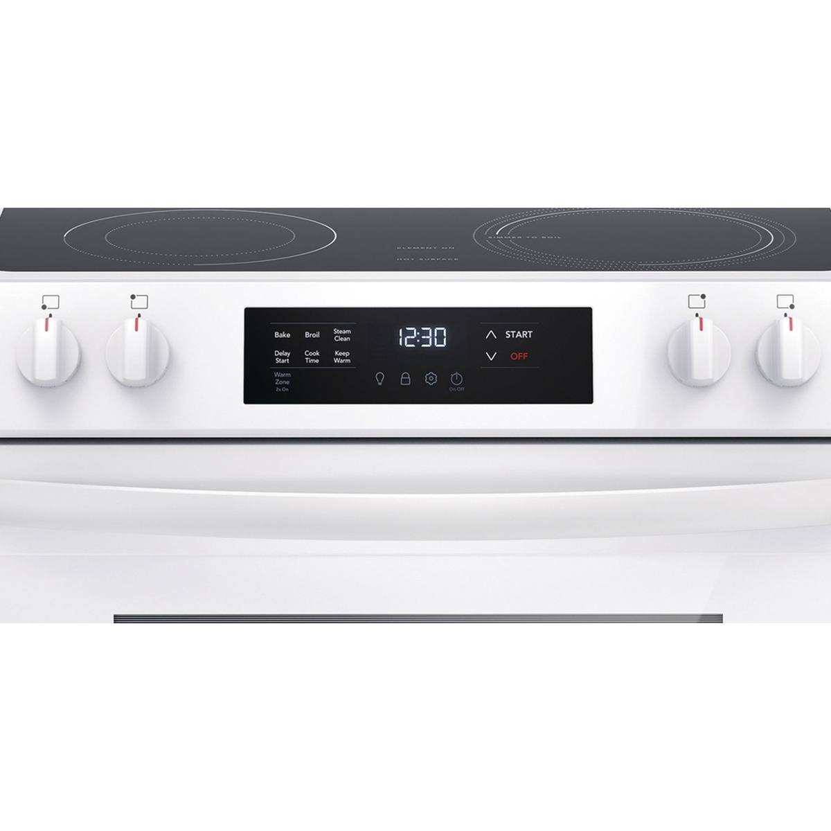 Close-up of the white Frigidaire range control panel with four knobs and a digital display showing Bake, Broil, Steam Clean, Keep Warm, and timer controls