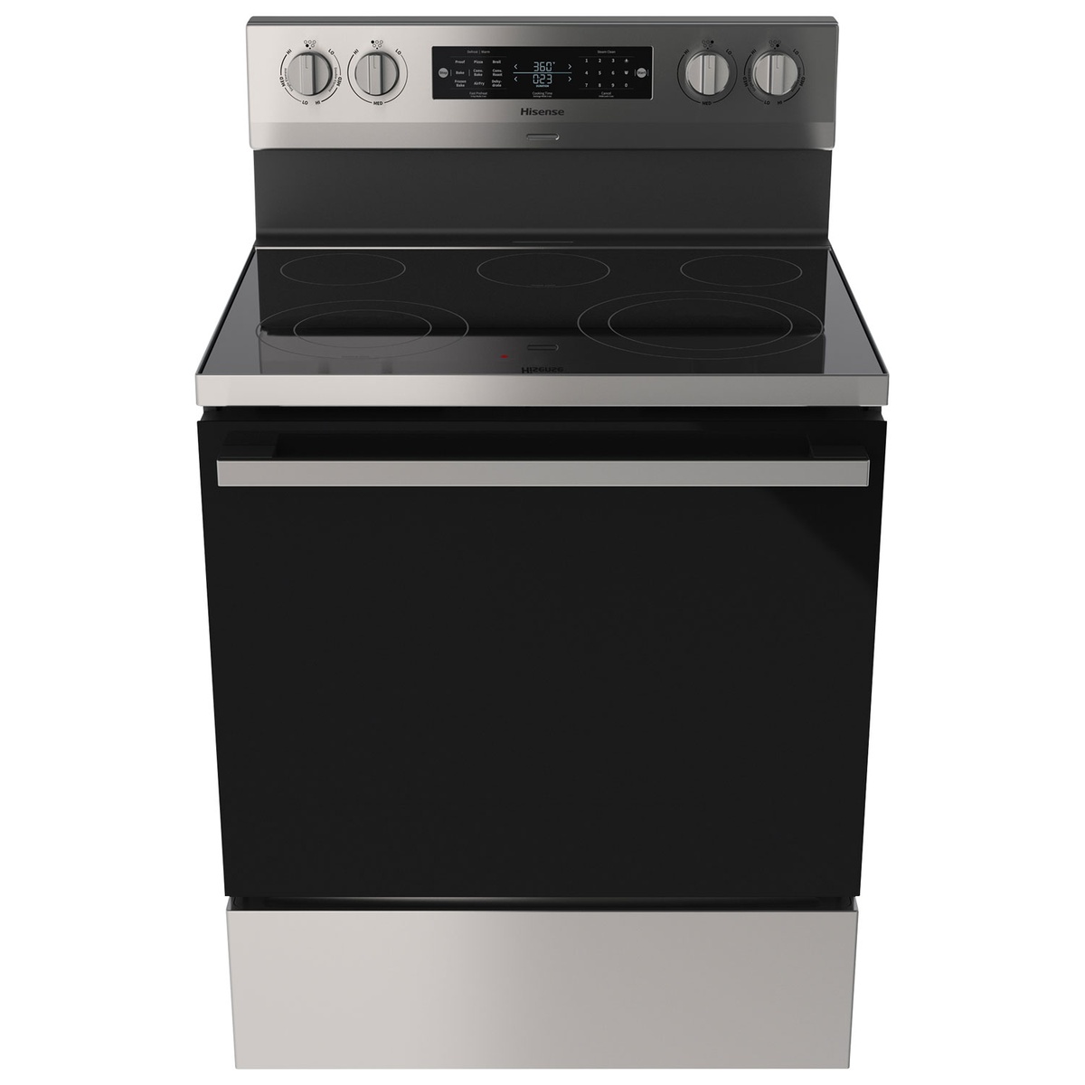 Front view of the Hisense freestanding electric range in stainless steel with smooth glass cooktop and rear control panel