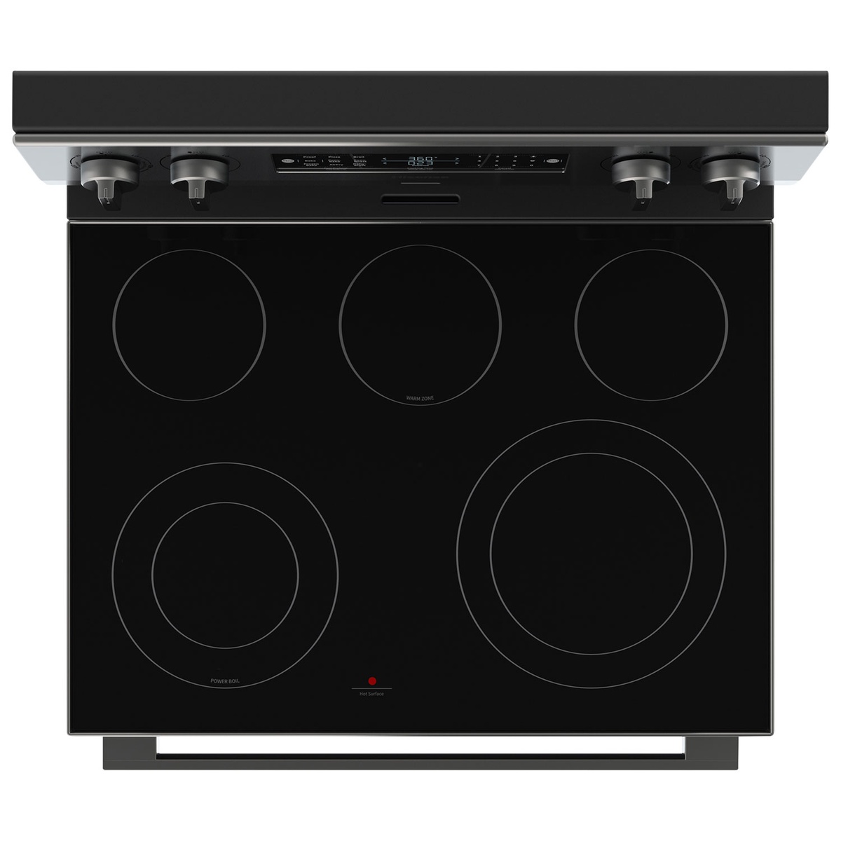 Top-down view of the Hisense smooth glass cooktop showing multiple circular heating zones and the rear control panel