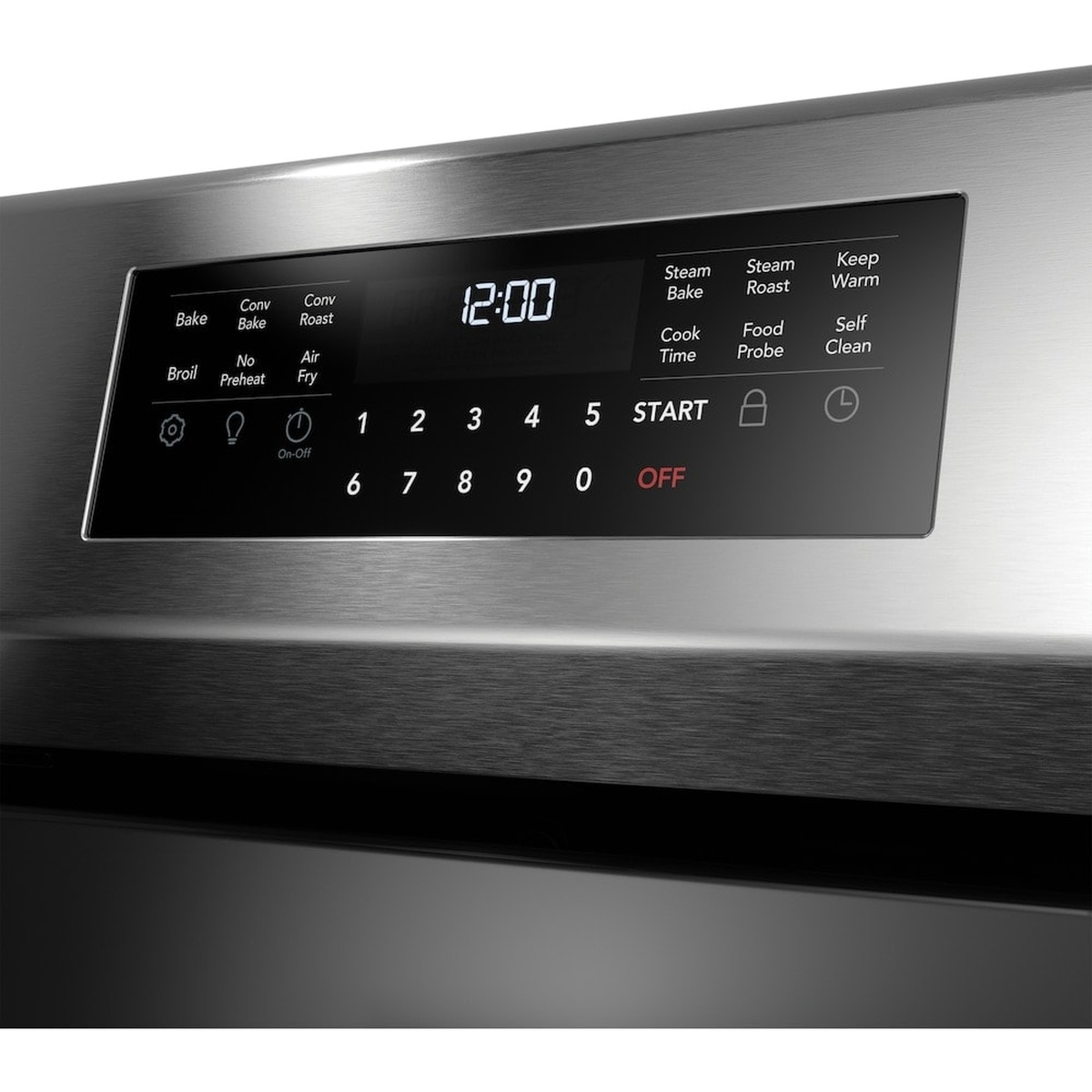 Close-up of the Frigidaire Gallery range touch control panel showing Bake, Conv Bake, Conv Roast, No Preheat, Air Fry, Steam Bake, Steam Roast, Food Probe, Keep Warm, and Self Clean