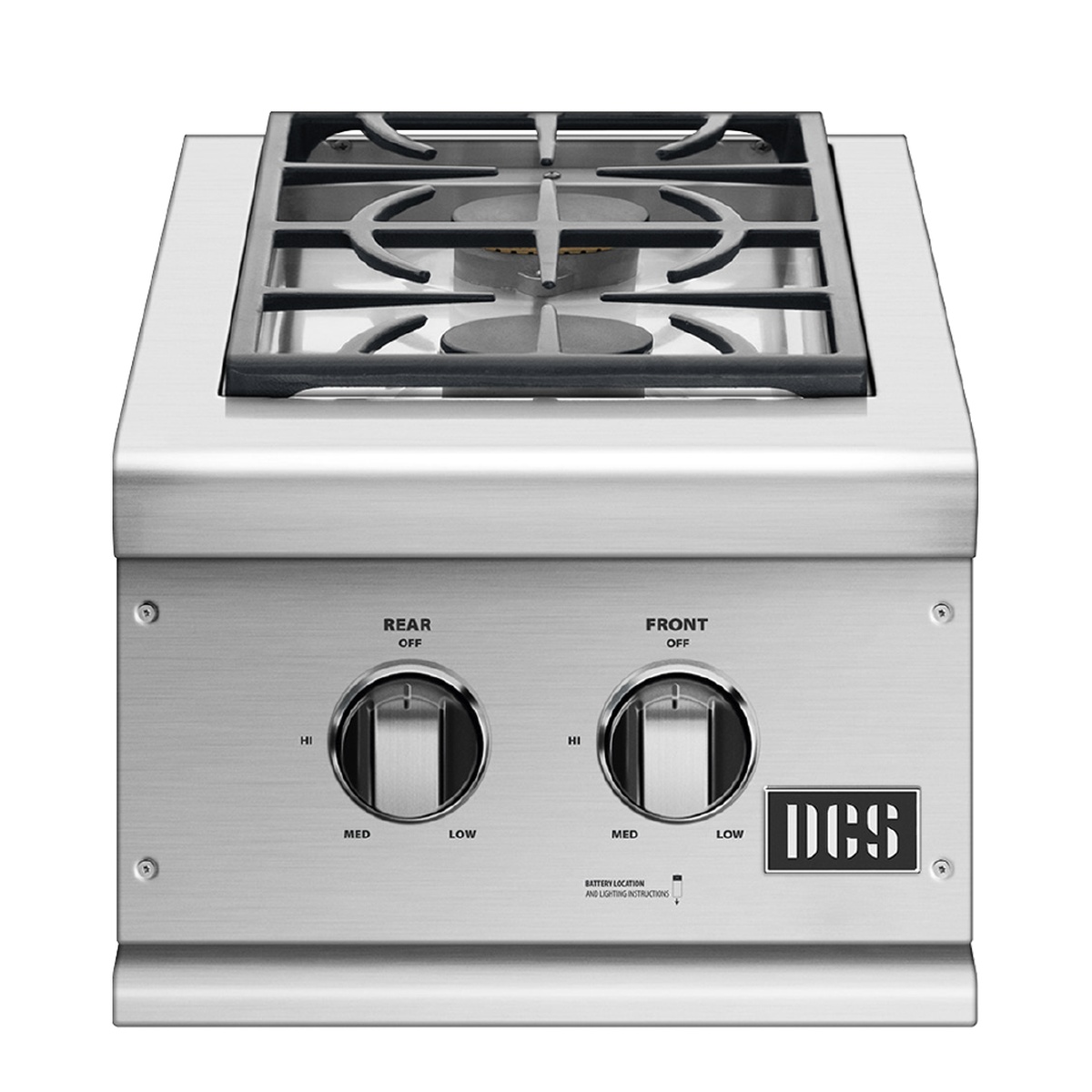 Angled top view of the DCS double side burner showing two burners under a heavy grate