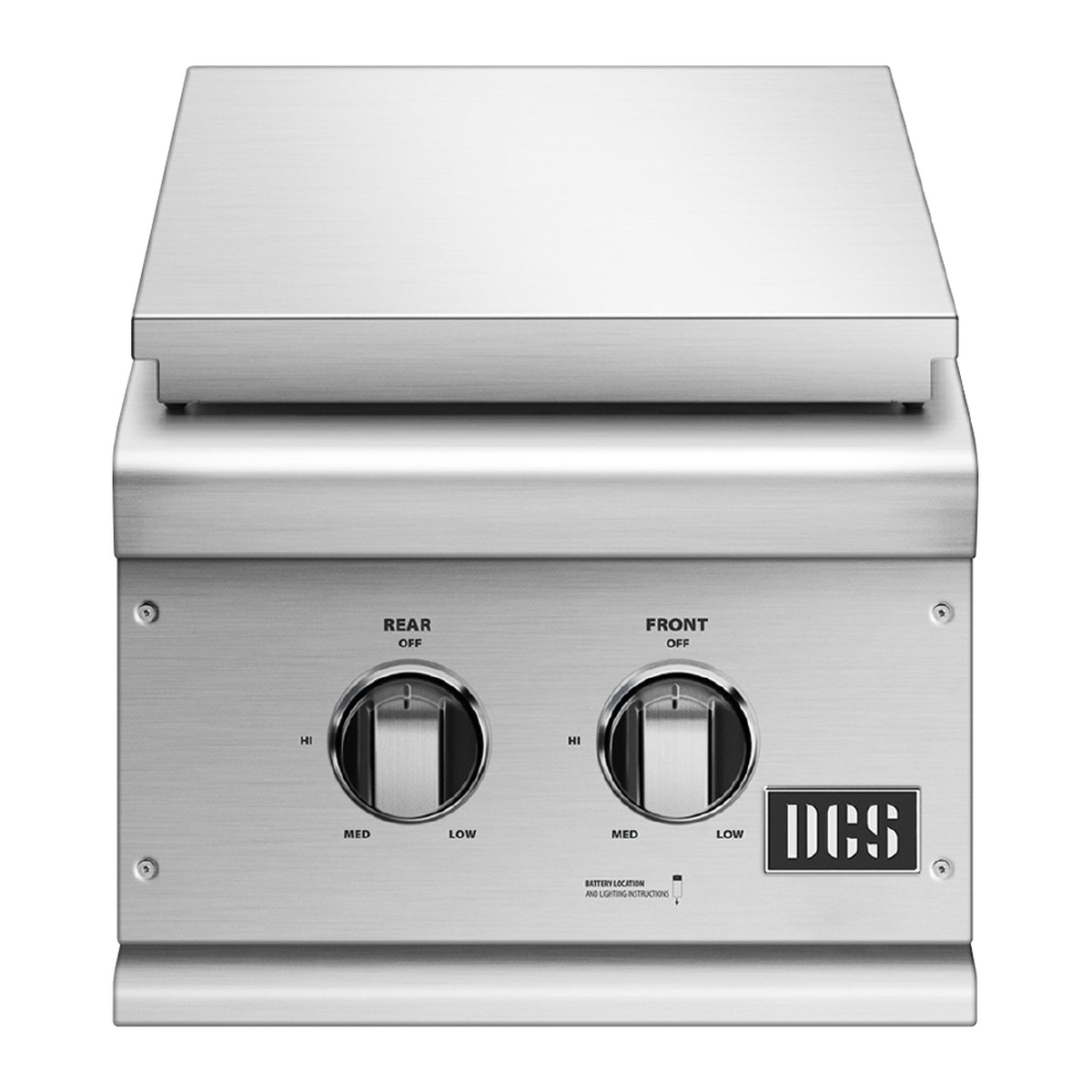 Front view of the DCS stainless control panel with two knobs labeled REAR and FRONT and a DCS logo badge