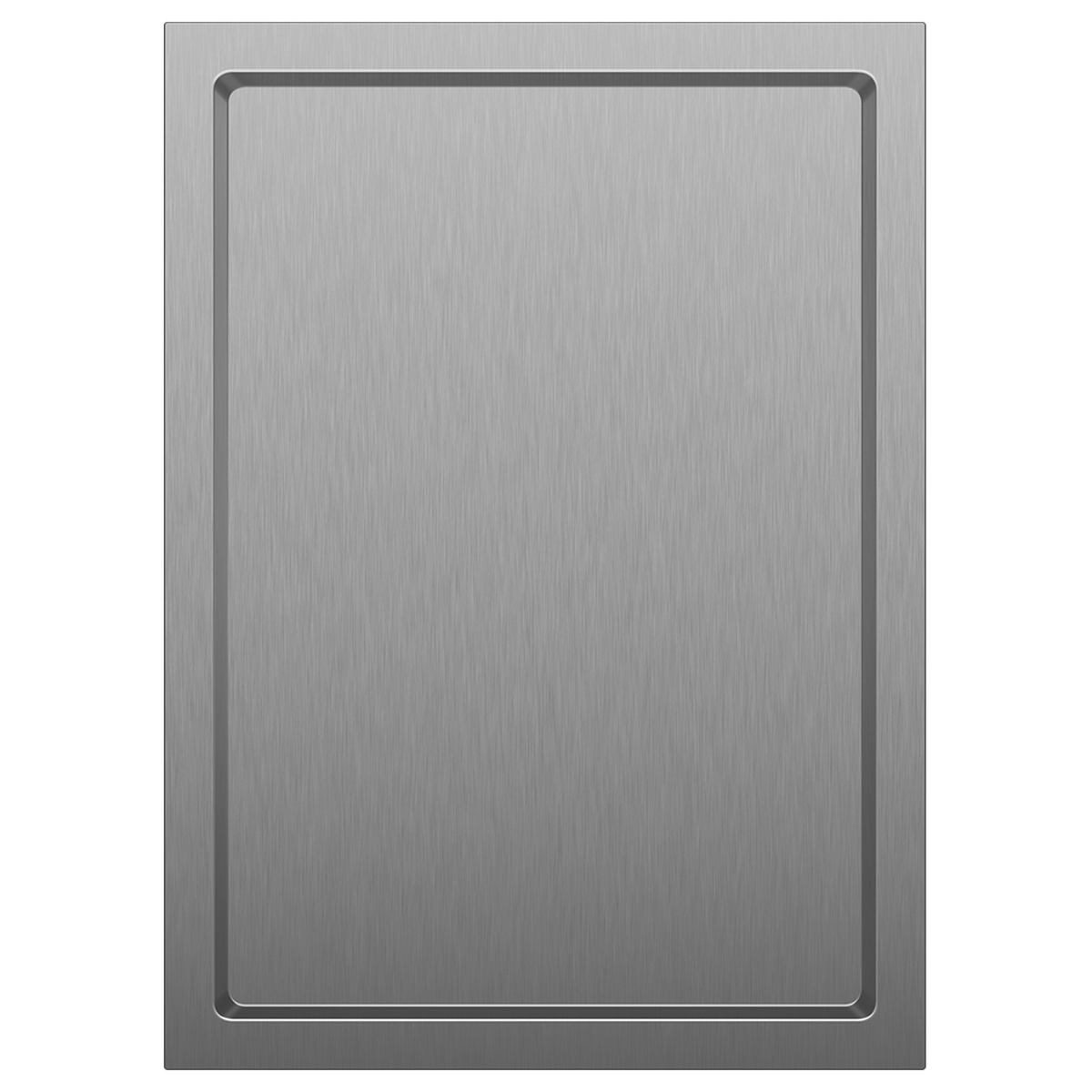 Top view of a stainless steel teppanyaki cooktop plate with a framed recessed border